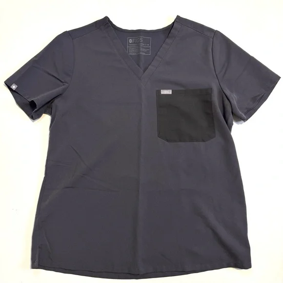 Figs Catarina One Pocket Scrub Top Charcoal V-Neck Colorblock Dark Pocket Medium - Picture 1 of 7